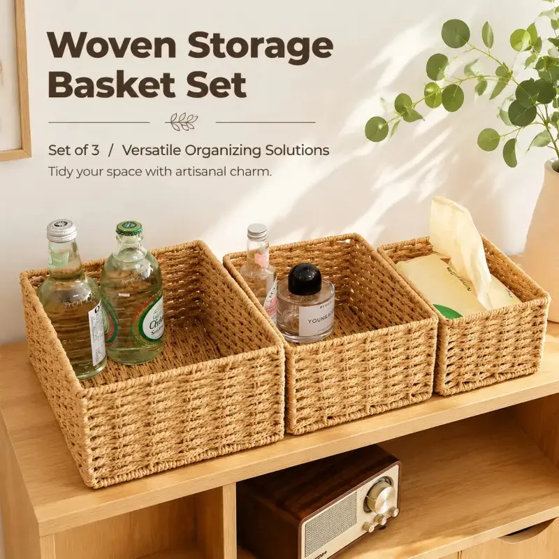 3pcs Decorative Natural Rattan Storage Baskets, Multi-Purpose Durable Organizer Boxes for Kitchen, Pantry & Bedroom Storage