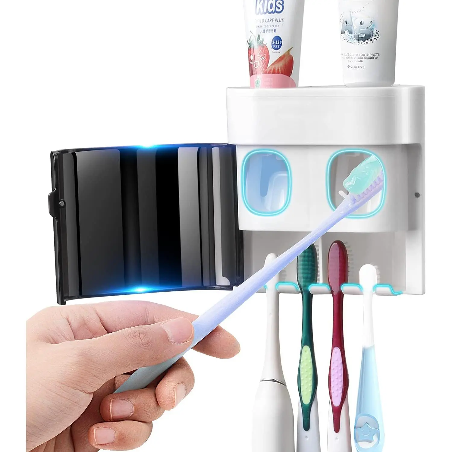 Toothbrush Holder Toothpaste Dispenser Wall Mounted with Cover, 4 Slots Tooth Brush Organizer with Kids Toothpaste Squeezers for Shower Black