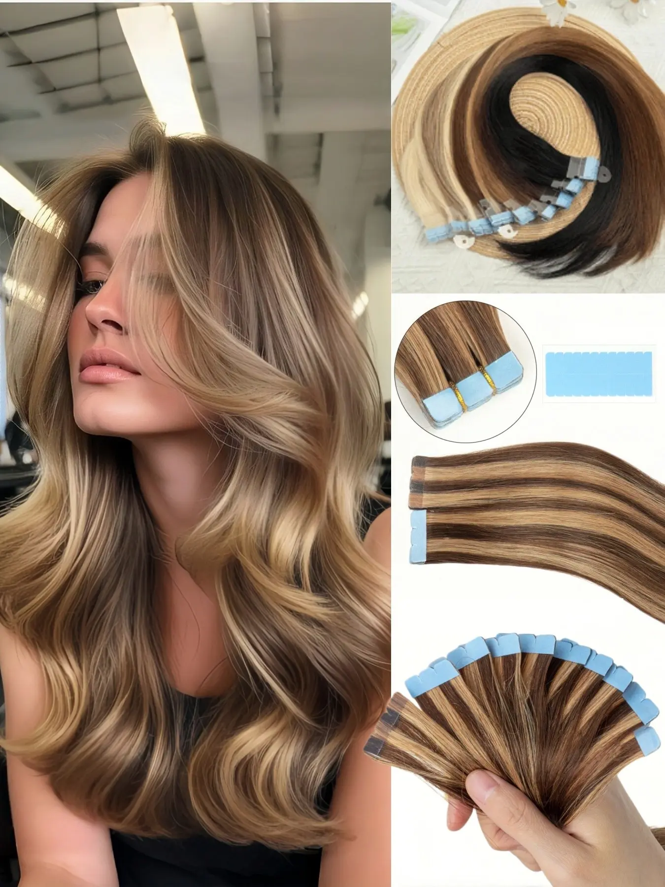10pcs Mini Tape in Human Hair Extensions, Premium Real Human Hair, Lightweight Invisible, Comfortable, No Scalp, Ideal for Daily Wear