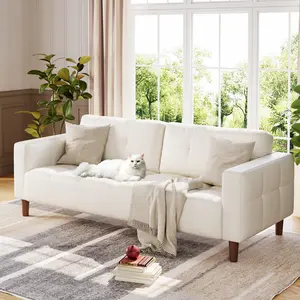3-Seater Sofa Couch, Modern Sofa with Deep Seats and 2 Pillows, Breathable Faux Leather Couch, Stylish Loveseat for Living Room, Bedroom, Apartment, Office, Orange