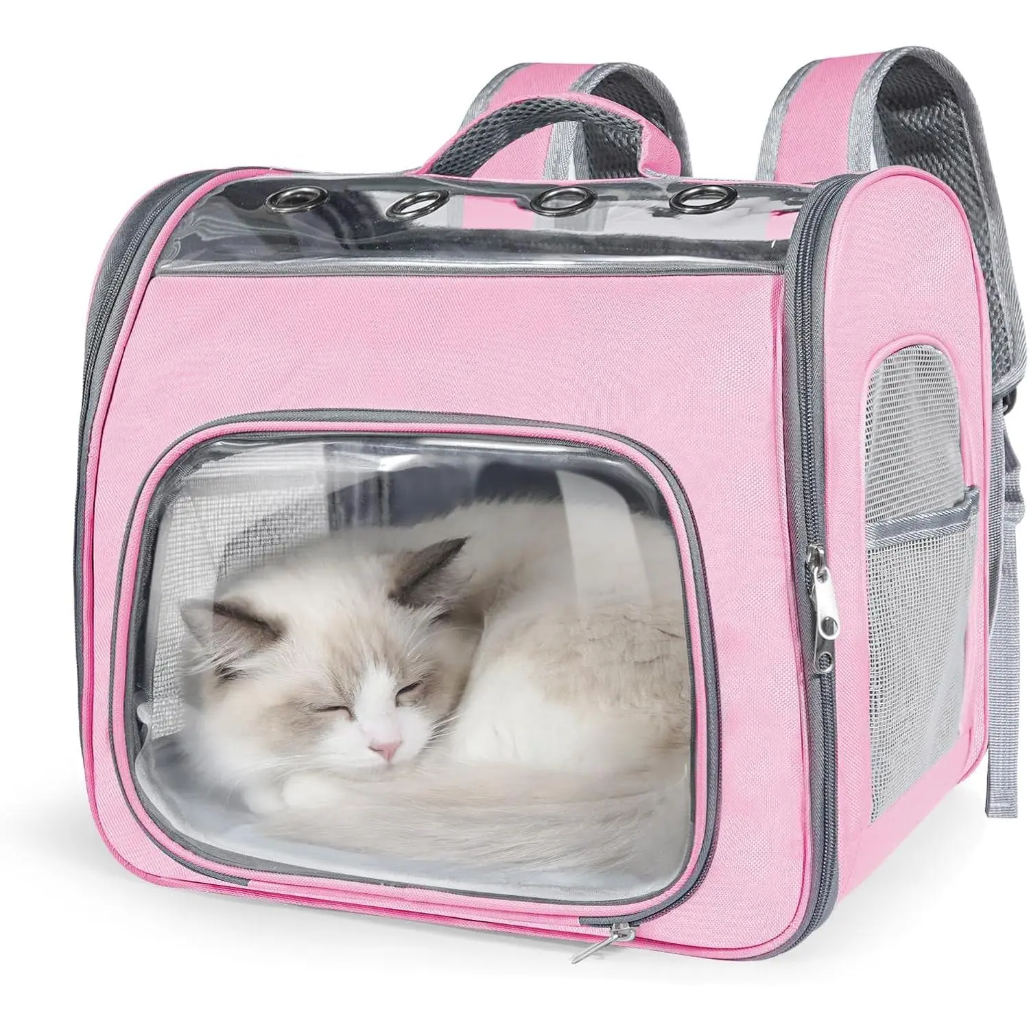 Airline Approved Soft-Sided Cat Carrier Backpack - Airport Safe, Breathable Mesh, Foldable, Reinforced Support, BPA-Free, All-Season, Ergonomic Adjustable Straps, Buckle, Top Handle, Transparent, Double-Sided Cushion for 15lbs Kitty/Puppy (Pink)