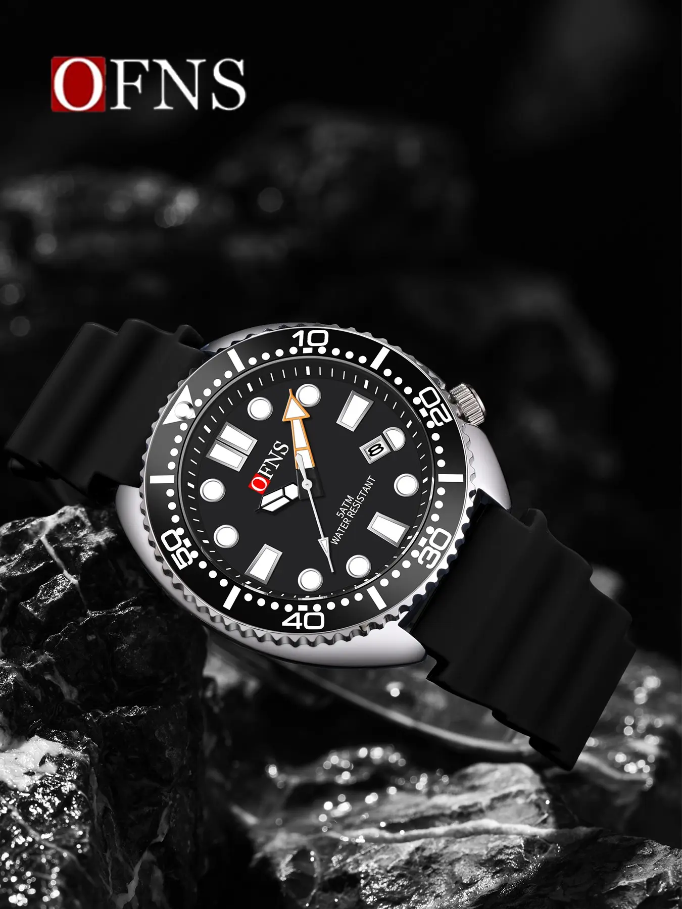 OFNS‑8033 Men's Water Ghost Diving Quartz Watch, Analog Quartz Wristwatch, One‑Way Rotating Bezel, 50M Waterproof Luminous Calendar Watch, Mineral Tempered Glass, Skin‑Friendly Rubber Strap, Various Color Schemes Available