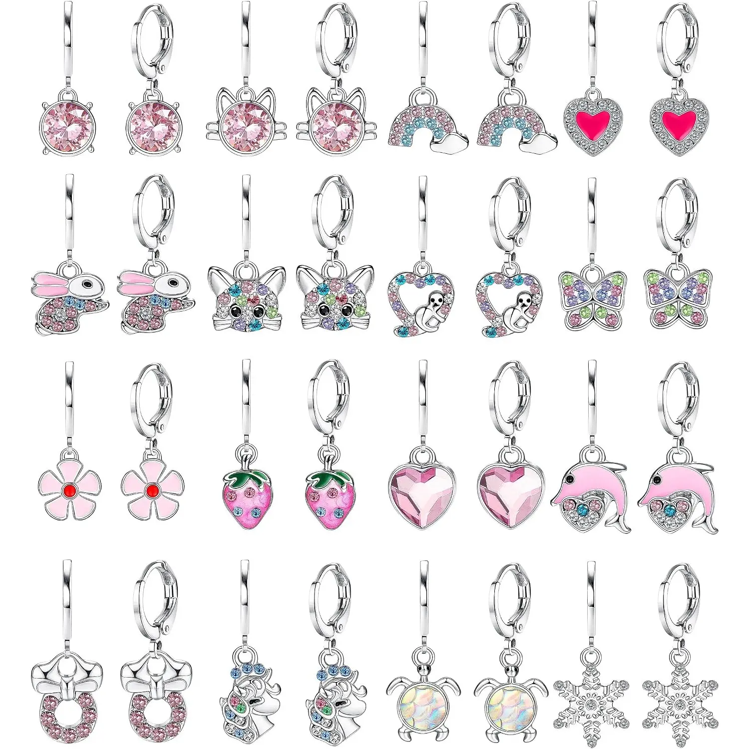 FASACCO 16 Pairs Hypoallergenic Earrings for Girls Women Sensitive Ears Cute Surgical Steel Dangle Huggie Hoop Earings Set with Charm CZ Flower Heart Animal Christmas Gifts