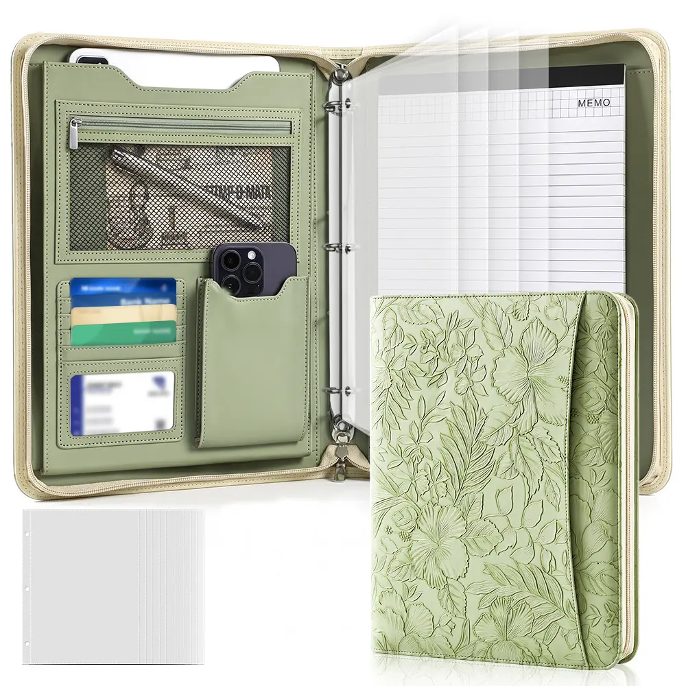 Embossed Faux Leather Zippered Padfolio, 3 Ring Binder A4 Portfolio Organizer, Executive Folder with Multiple Compartments, Perfect Gift for Business, Comes with 10 Transparent Sheets & 25 Note Paper