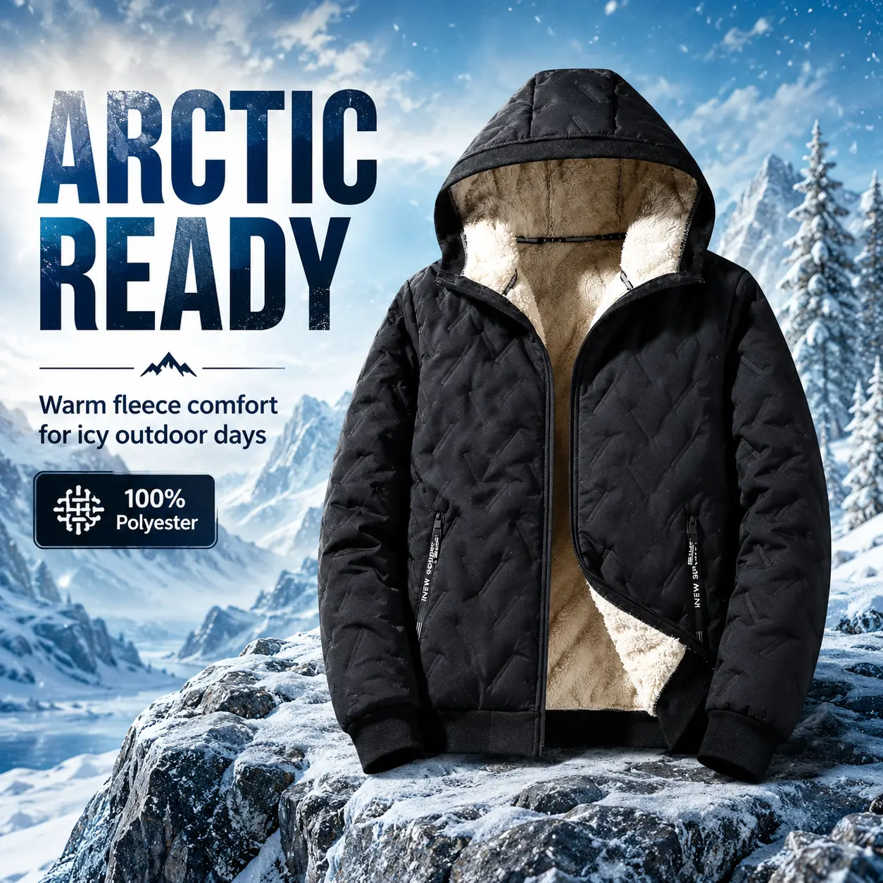 Men's Winter Heavyweight Fleece-Lined Long Sleeve Tops, Menswear Thermal Windproof Geometric Textured Full-Zip Sherpa Hooded Coat with Zipper Pockets, Casual Streetwear Cold Weather Outerwear