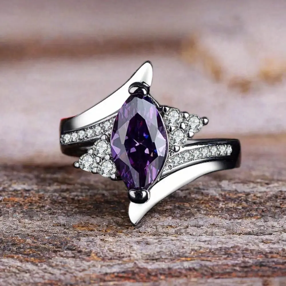 Women's Romantic Elegant Marquise-Shaped Purple Cubic Zirconia Inlaid Ring - Engagement Ring Styles, Bride Promise Wedding Anniversary Daily Accessory, Valentine's Day Gift