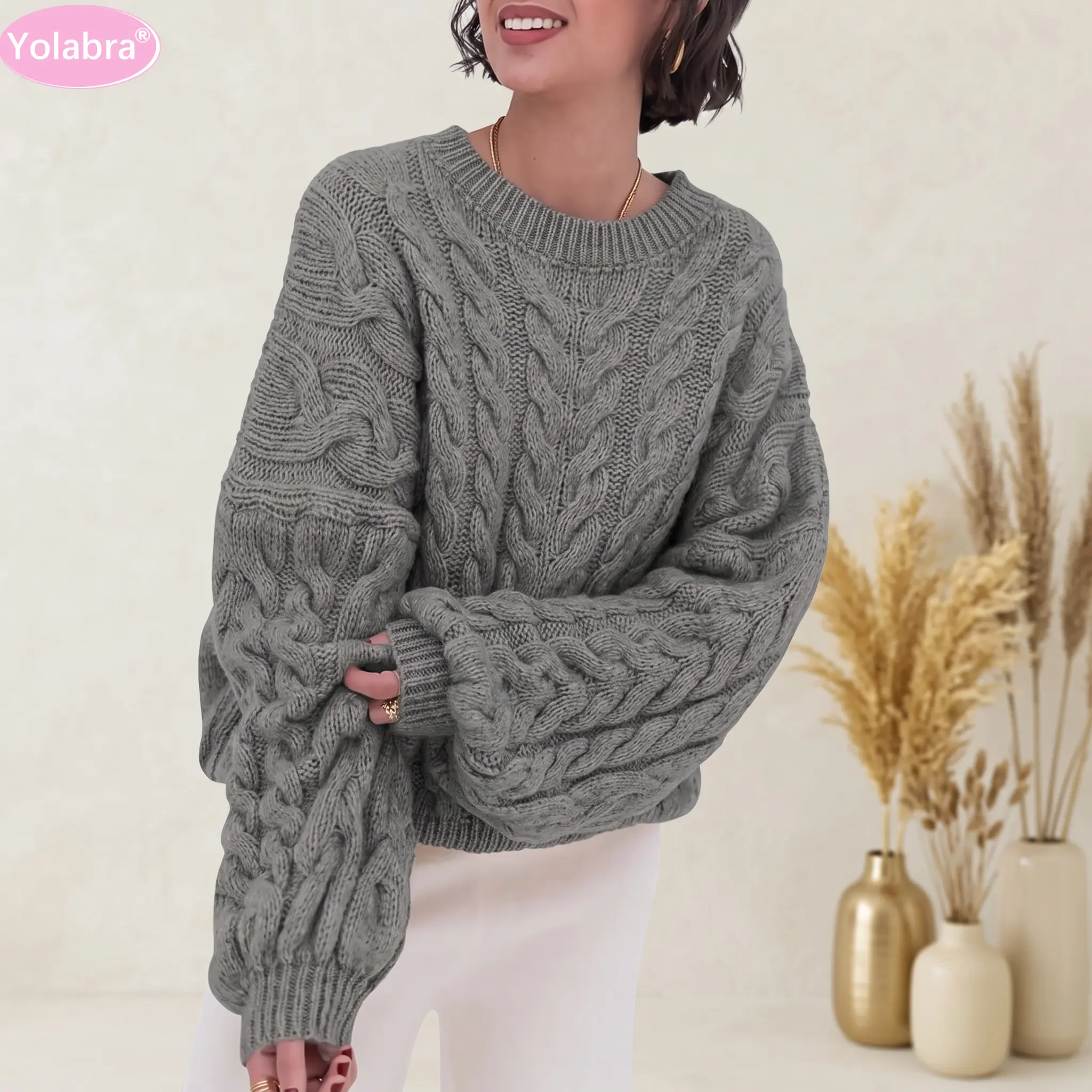 Yolabra Thick Heavyweight Twisted Braided Textured Knit Top Slouchy Baggy Relaxed Fit Vintage Winter Knitwear Ribbed Crew Neck And Ribbed Cuffs Cozy Sweater Solid Neutral Grey Casual Layering Knit Pullover
