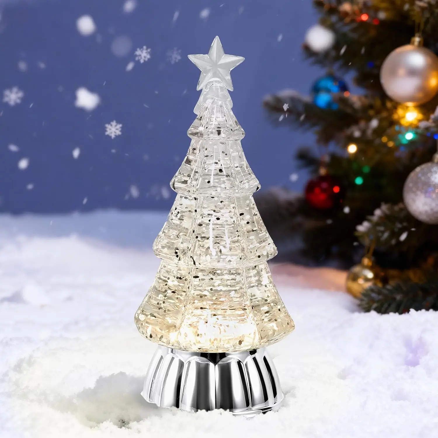Christmas Tree Snow Globe Lantern with Warm Light 6H Timer USB & Battery Operated for Christmas Festival Decorations Gifts (Silver Tree)