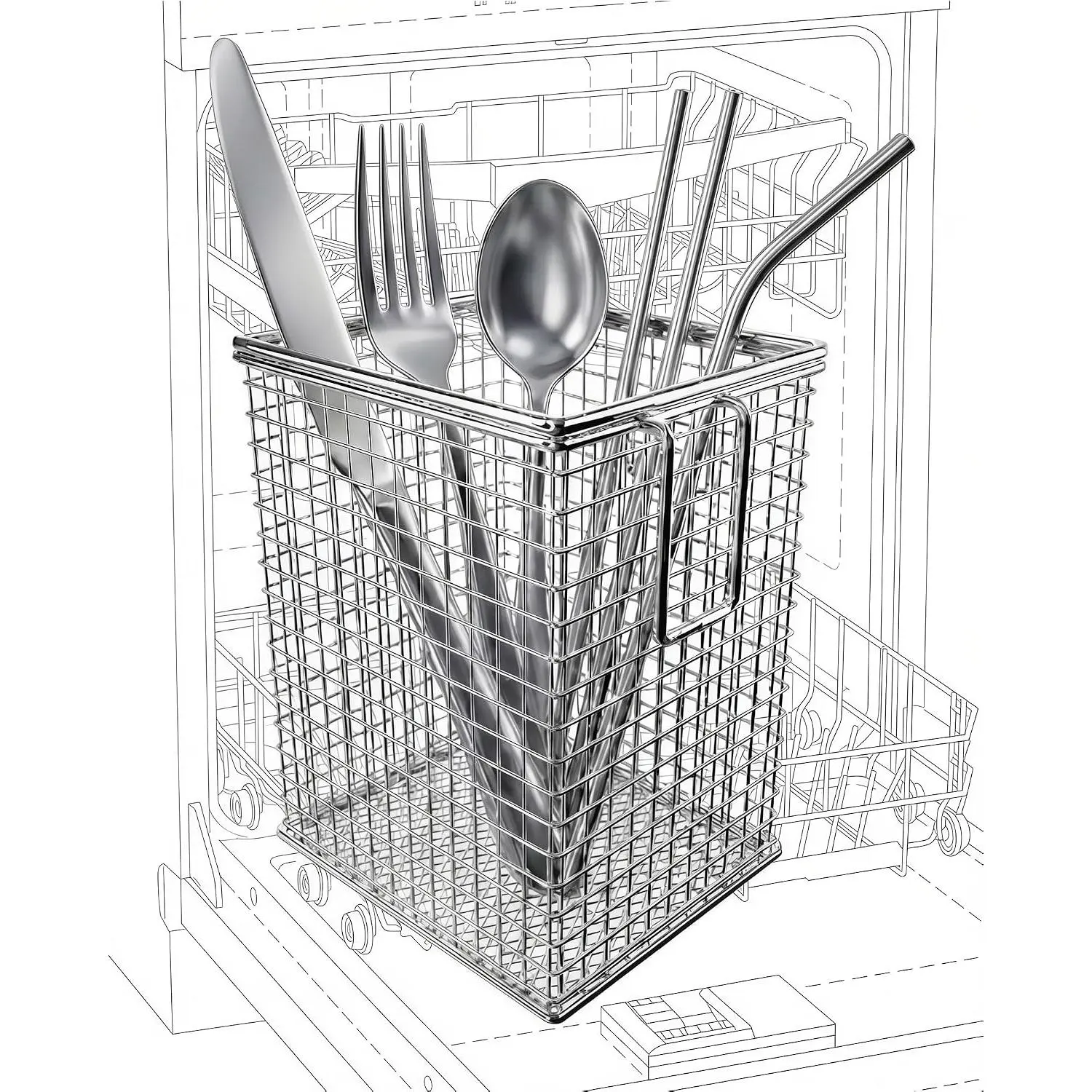 Dishwasher Chopstick Basket with Hook, 304 Stainless Steel | Holds chopsticks/straws/forks/spoons | Fine mesh bottom helps  utensils from falling | Heat-resistant
