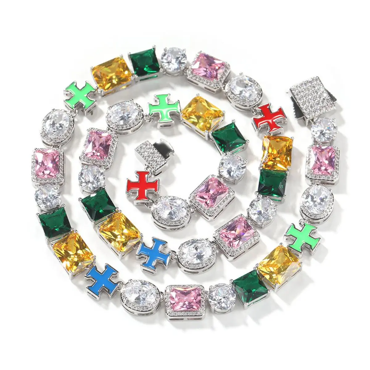 Unisex Cross Tennis Chain, Multi-Color Square & Round CZ Necklace, Hip Hop Rainbow Enamel Necklace, Suitable For Daily Outfits, Fashion Jewelry Gift
