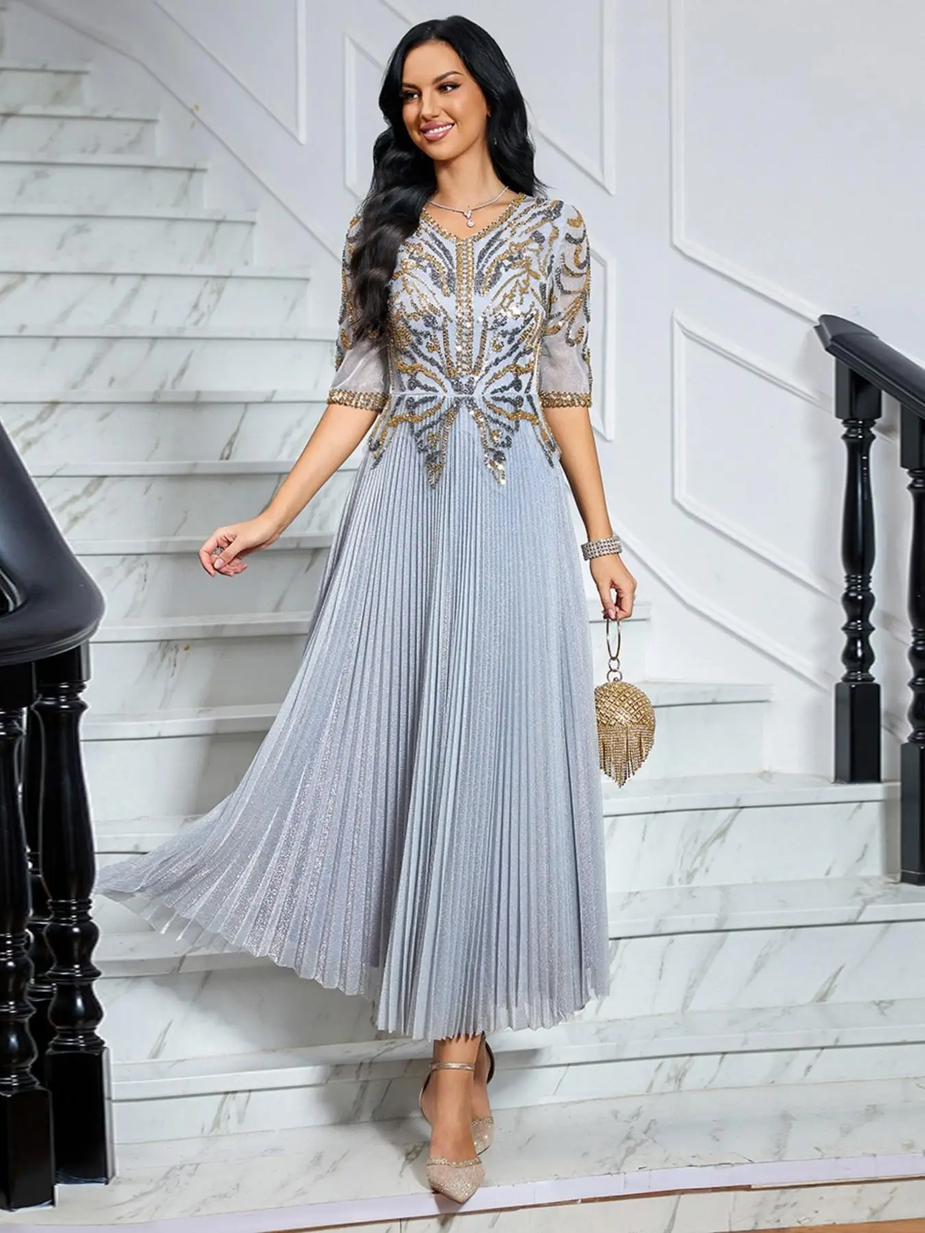 JINLICX Elegant Sequin Glitter Butterfly Pleated Midi Evening Gown Fit for Women, 3/4 Sleeve Formal Wedding Guest Cocktail Party Dress Light Grey CX26