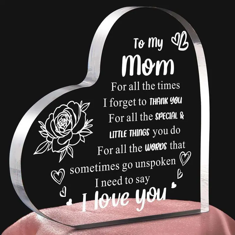 "To My Mom" Acrylic Heart Plaque - Fixed Sentimental Quote Keepsake, Transparent Heart Shaped Desk Sign for Mother, Birthday, Mother's Day, Home & Office Decor