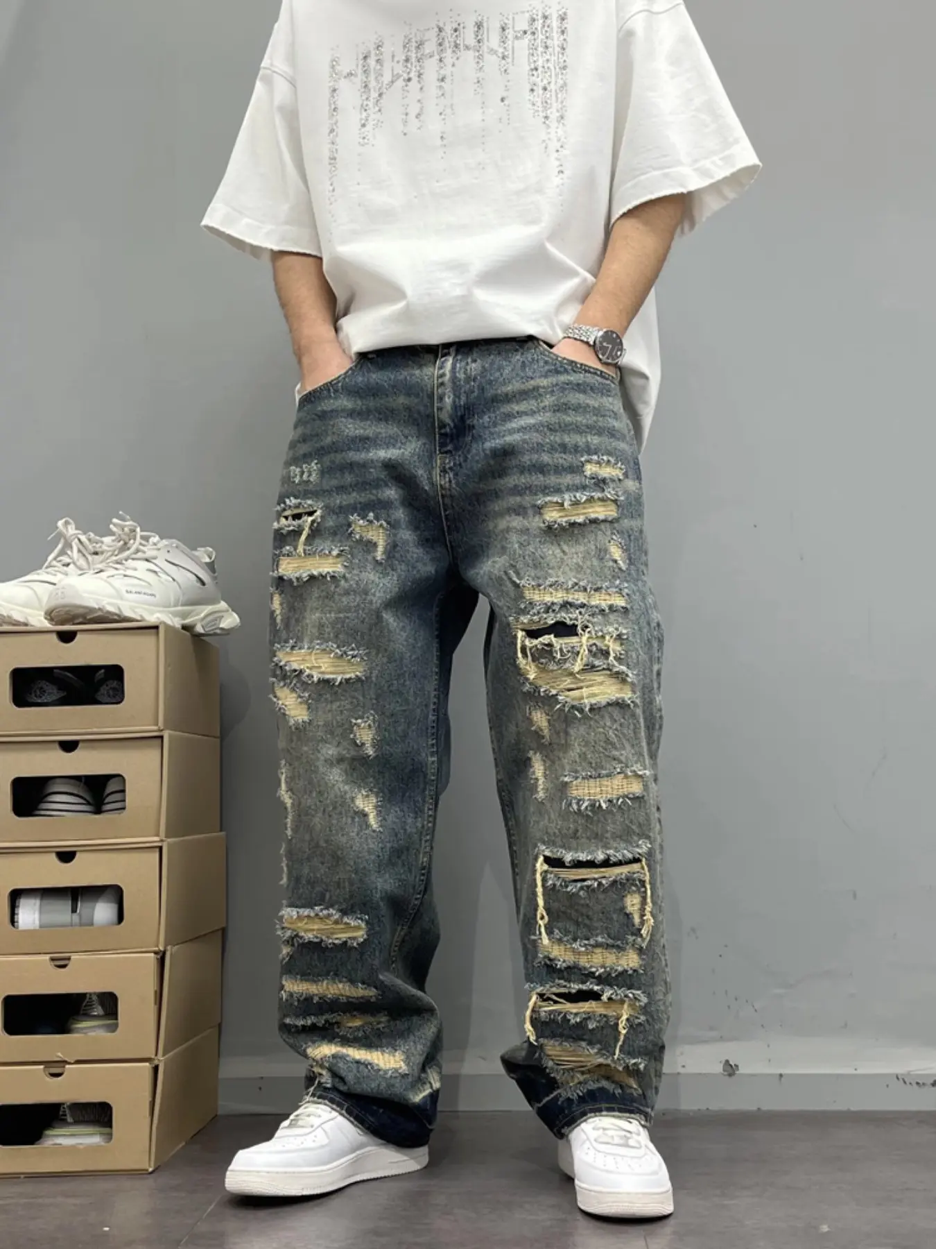 Yeboun Men's Vintage Distressed Denim Jeans, Multi-Layer Ripped Hem, Streetwear Loose Fit Ankle-Length Pants, All-Season Casual Style