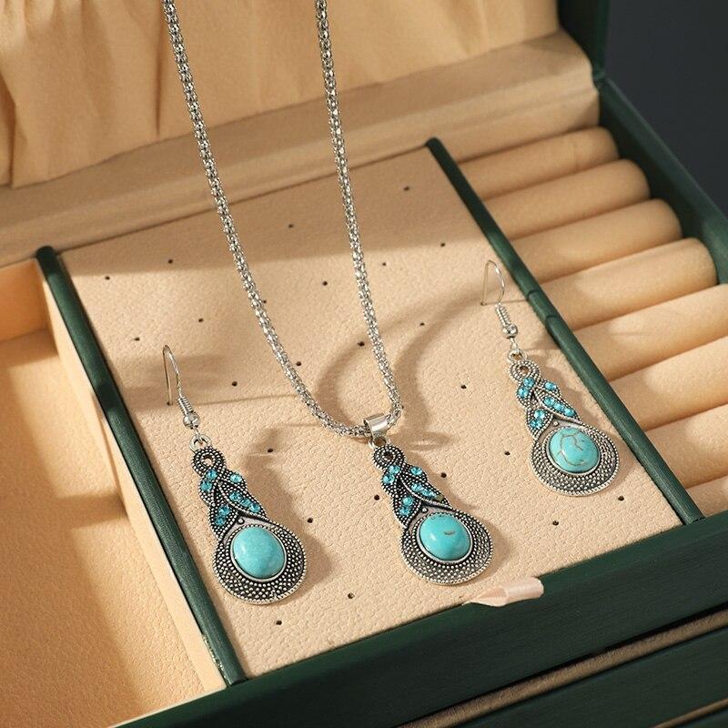 3pcs Necklace Earrings Set For Men And Women Vintage Style Blue Crystal Inlaid Turquoise Pendant With Lantern Chain Jewelry