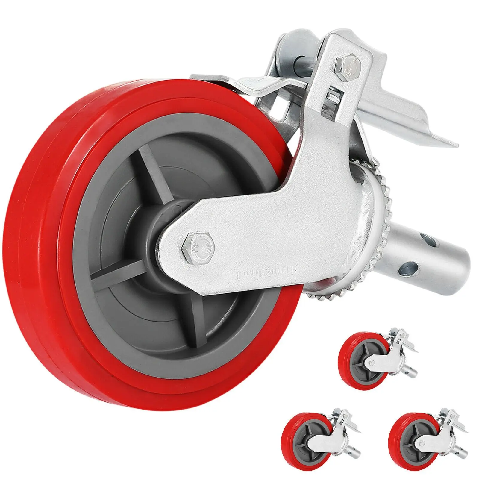 8-Inch Heavy-Duty Polyurethane Scaffolding Casters Set of 4, 3200 Lbs Set Capacity, Locking Stem Casters With Brakes, Red Wheels for Scaffolds, Shelving, Workbenches