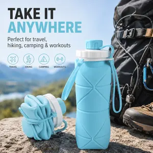 Collapsible Silicone Water Bottle 600ml / 20oz, BPA Free Foldable Water Bottle with Leakproof Screw Cap, Portable Reusable Travel Water Bottle for Gym, Hiking, Camping, Outdoor Sports and Daily Use