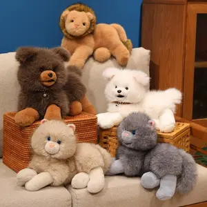 Adorable Lifelike Prone Pose Animal Plush Toys Handmade Stuffed Cat Dog Lion Doll Pretty Desktop Pets Kids Birthday Gift