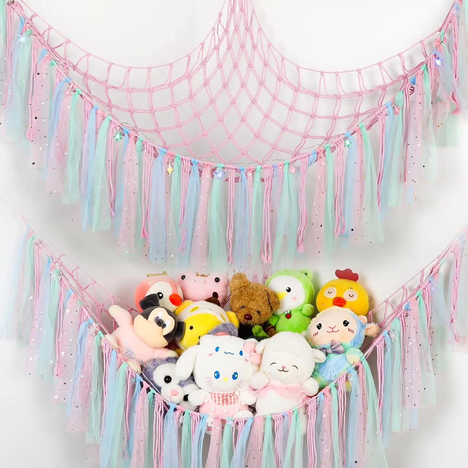 Handwoven Pink Stuffed Animal Hammock with LED Lights - 59in Cotton Mesh Hanging Toy Storage Net, Wall-Mounted Transparent Colorful Plush Organizer with Wooden Rings for Kids Bedroom Nursery Decor, Wall Mount, Hammock Shape