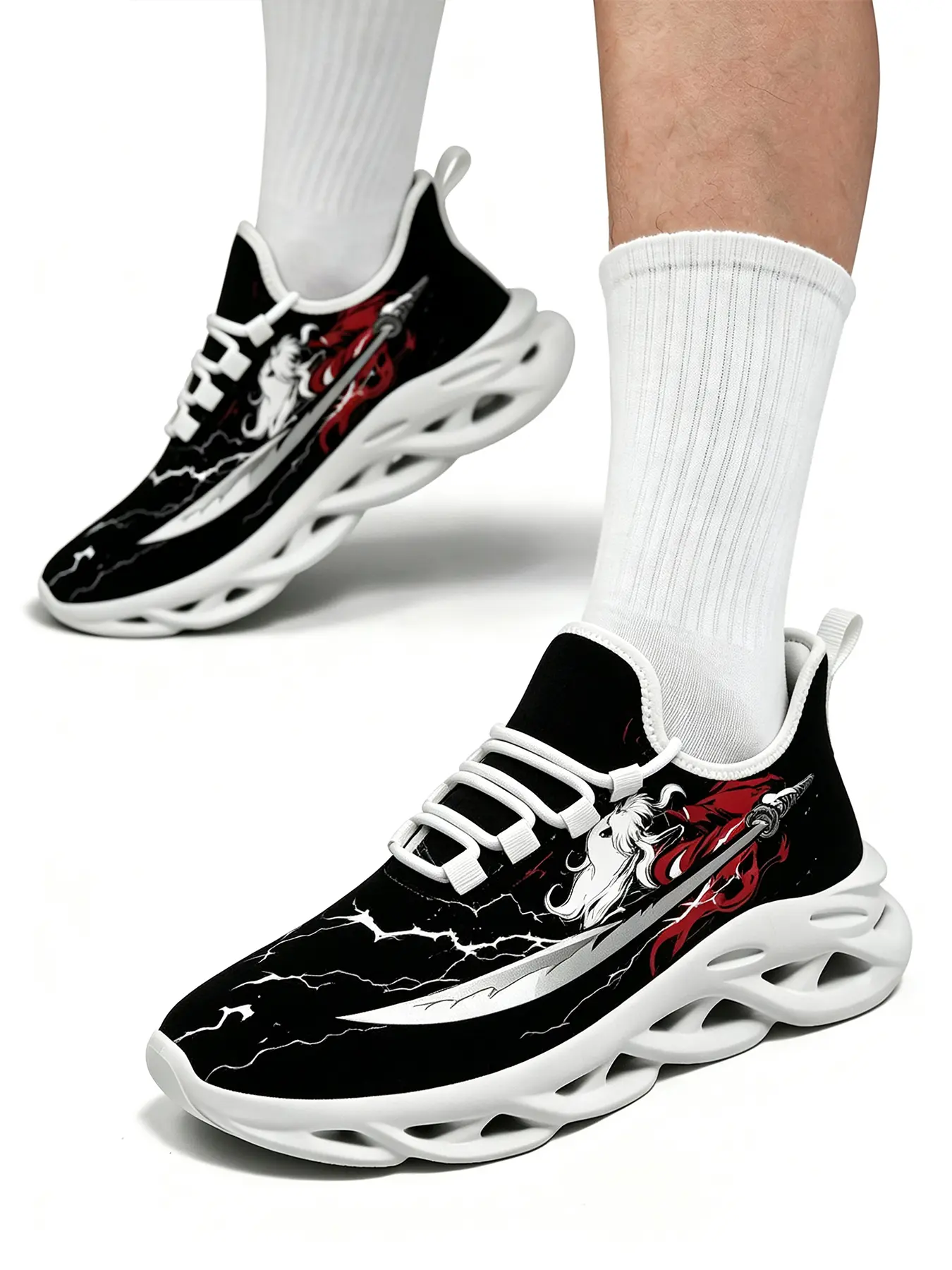 New Hot Inuyasha Half Demon Japanese Print Men Breathable Mesh Lace Up Running Shoes Non-Slip Wear-Resistant Hollow Wave Sole Blade Sneakers Streetwear Casual Trainers