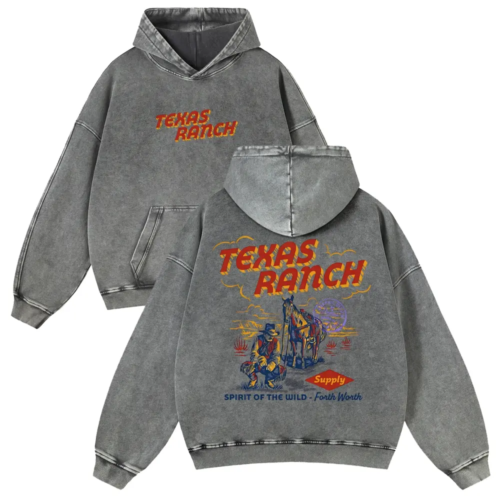 Unisex Regular Retro Texas Ranch Cowboy Hoodie - Premium Heavyweight Charcoal Mineral Wash Casual Wear, Classic Hoodies & Sweatshirts, Pre-Shrunken Country Music Design Pull-over, Country Music Design Men's Hoodies, Vintage Print