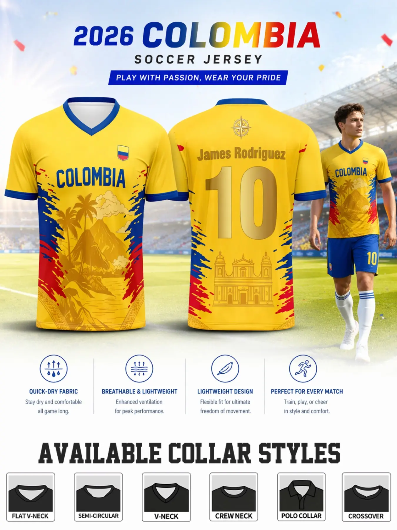 2026 Colombia National Football Jersey, Bright with Gradient Blue Print, Quick-Dry Polyester, Sporty Short Sleeve Shirt, Quick Drying Tops