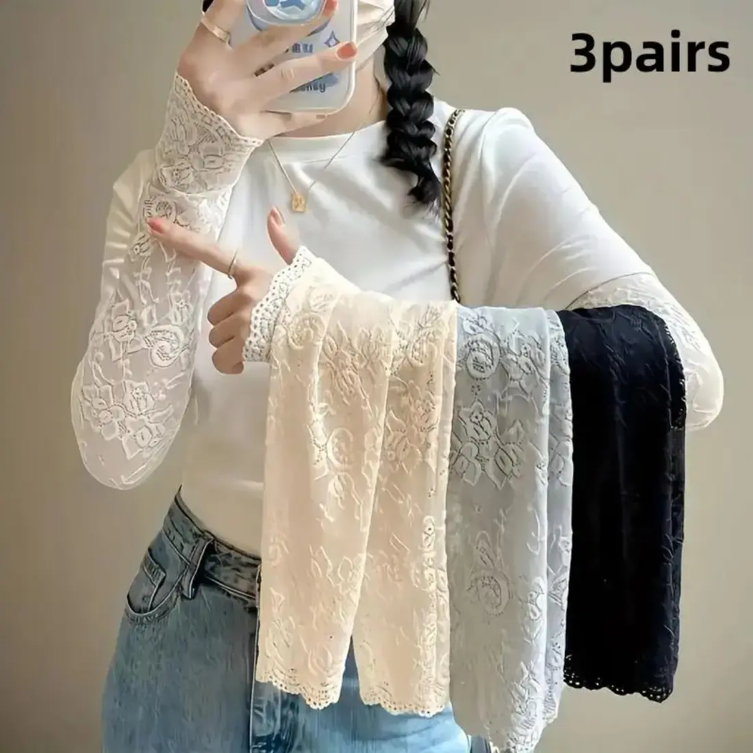 3 Pairs Lace Fingerless Gloves for Women, Long Elegant Arm Gloves, Breathable Sun Protection Accessories, Vintage Coquette Style Fashion Gloves for Summer Outfit, Party, Driving & Daily Wear