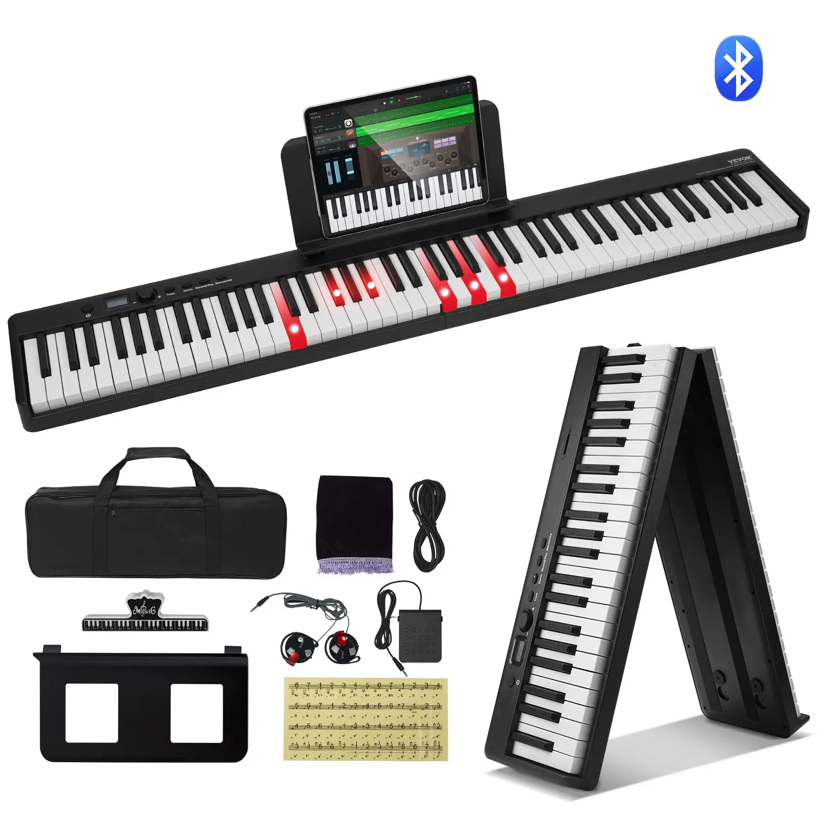 VEVOR 88 Key Folding Keyboard Piano, Bluetooth MIDI, Portable Electronic Digital Foldable Piano with Sustain Pedal Bag Touch Sensitive Keys Headphones, Rechargeable for Beginners Teens Adults, Black