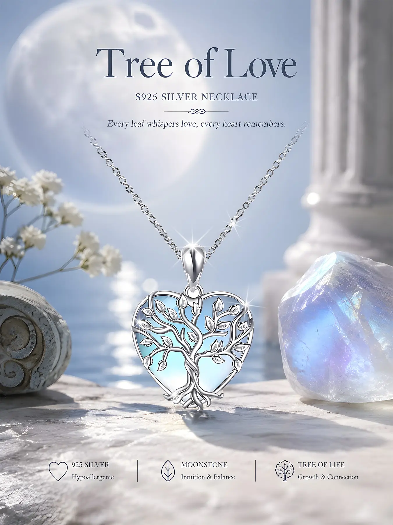 Women's Elegant S925 Silver Heart Moonstone Necklace Heart Shaped Pendant, Heart Design Necklace, Casual Fashion Anti-Allergy Chain, Daily Wear Gift Jewelry, Birthday & Valentine's Day Present