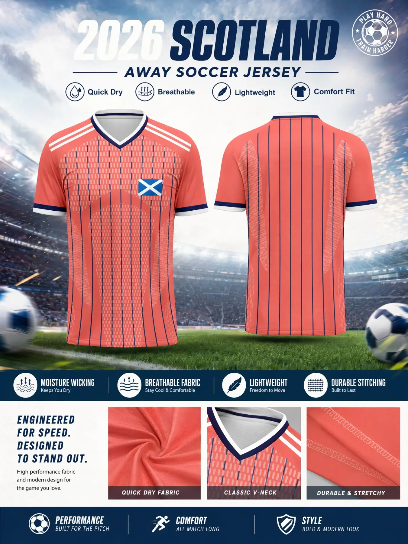 2026 Scotland National Team Soccer Jersey, Sport Jersey, Coral Mesh, Navy Stripes, Quick-Dry, Breathable, Lightweight, Short Sleeve, Football Shirt