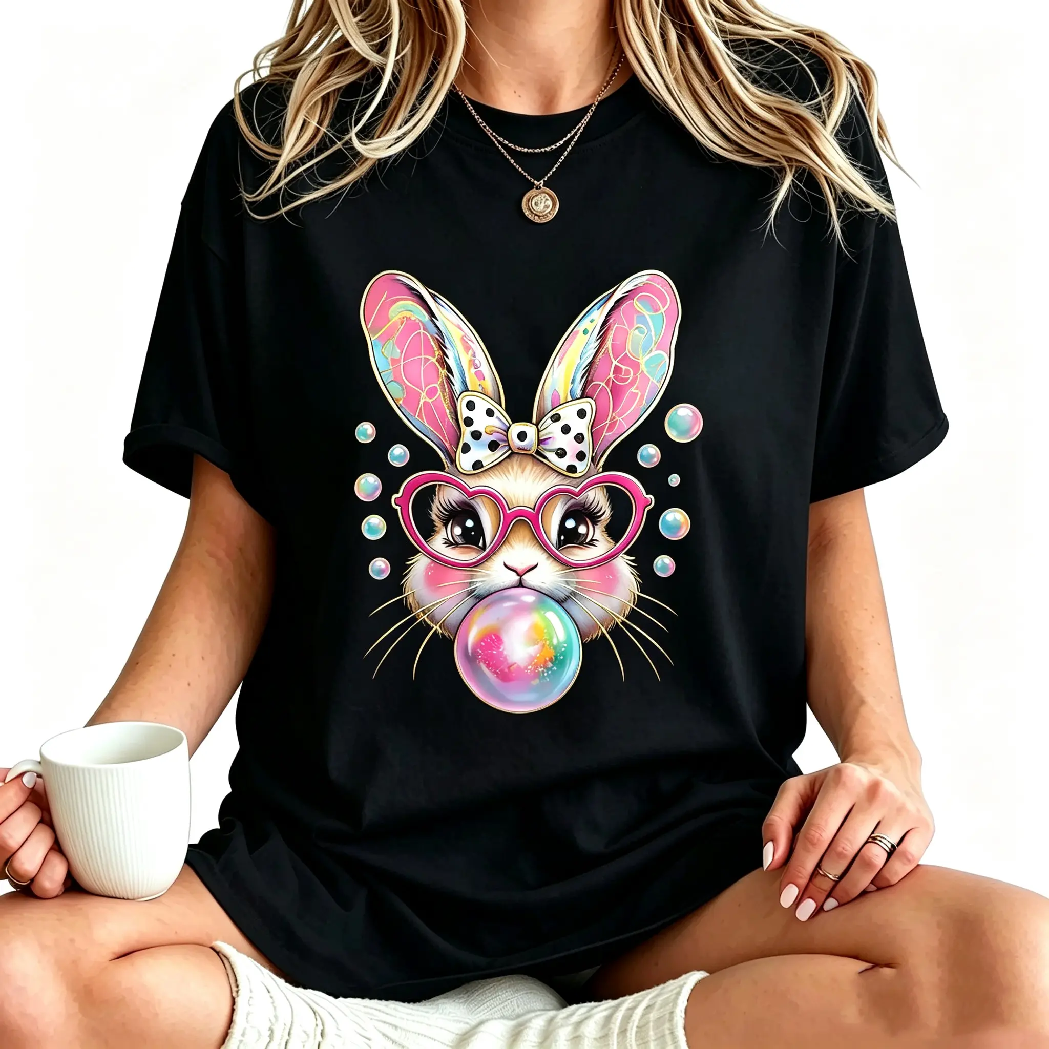 Unisex Happy Easter Bunny Coquette Bow Brushstroke Easter Girl T-Shirt Casual Top