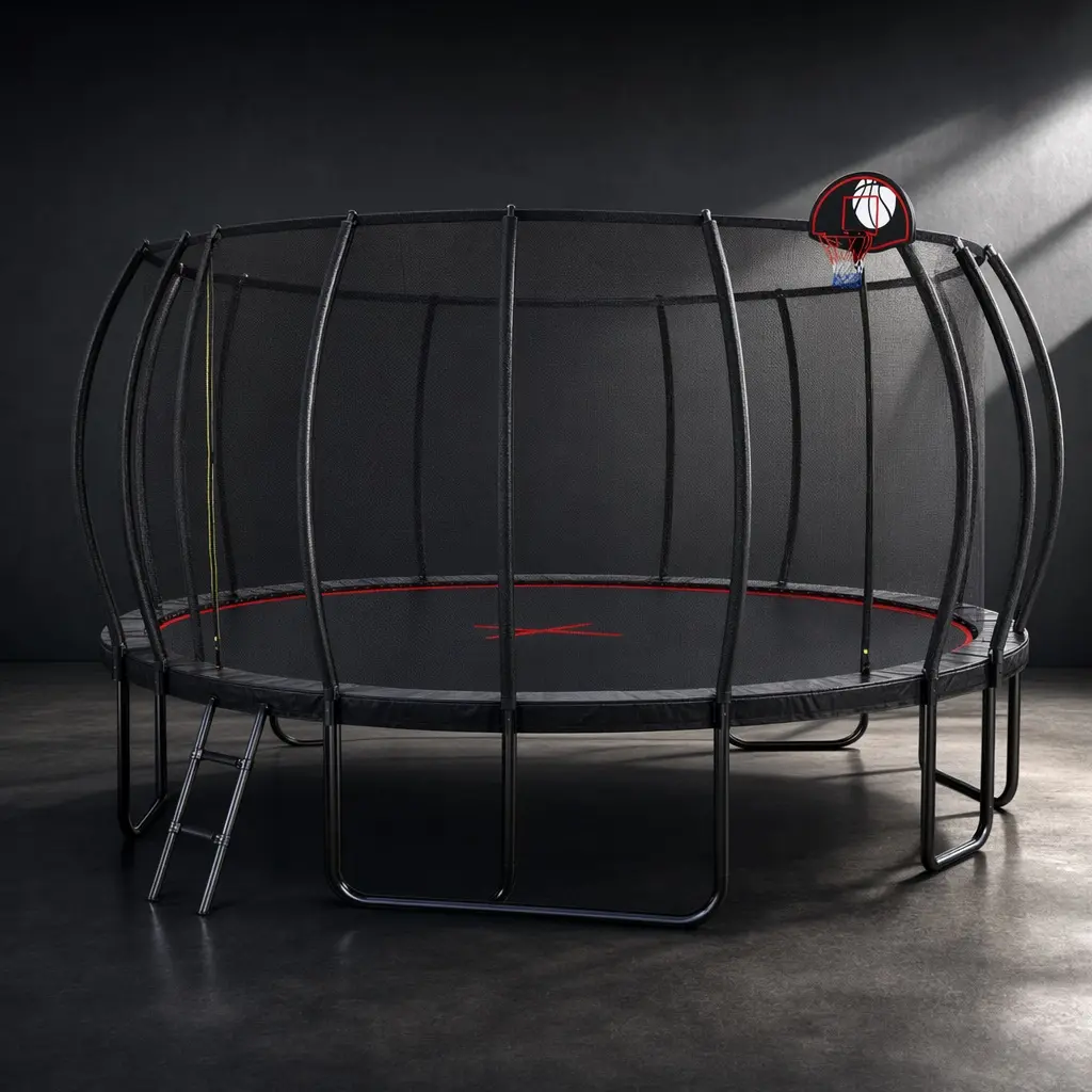 16FT Round Outdoor Trampoline for Kids & Adults, Safety Certified with Enclosure Net, Basketball Hoop & Ladder, High-Dip Galvanized Steel Frame with W-Legs for Enhanced Stability, Black+Red
