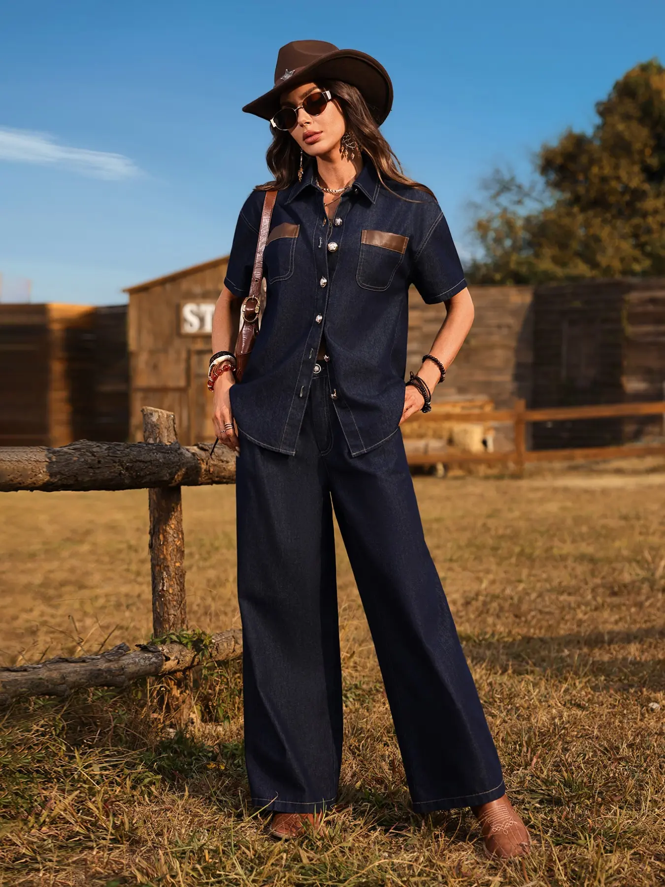 Women's Western Style Chic Two-Piece Set, Short Sleeve Leather-Look Shirt with Pocket, Wide Leg Dark Wash Jeans, Vintage Denim Casual