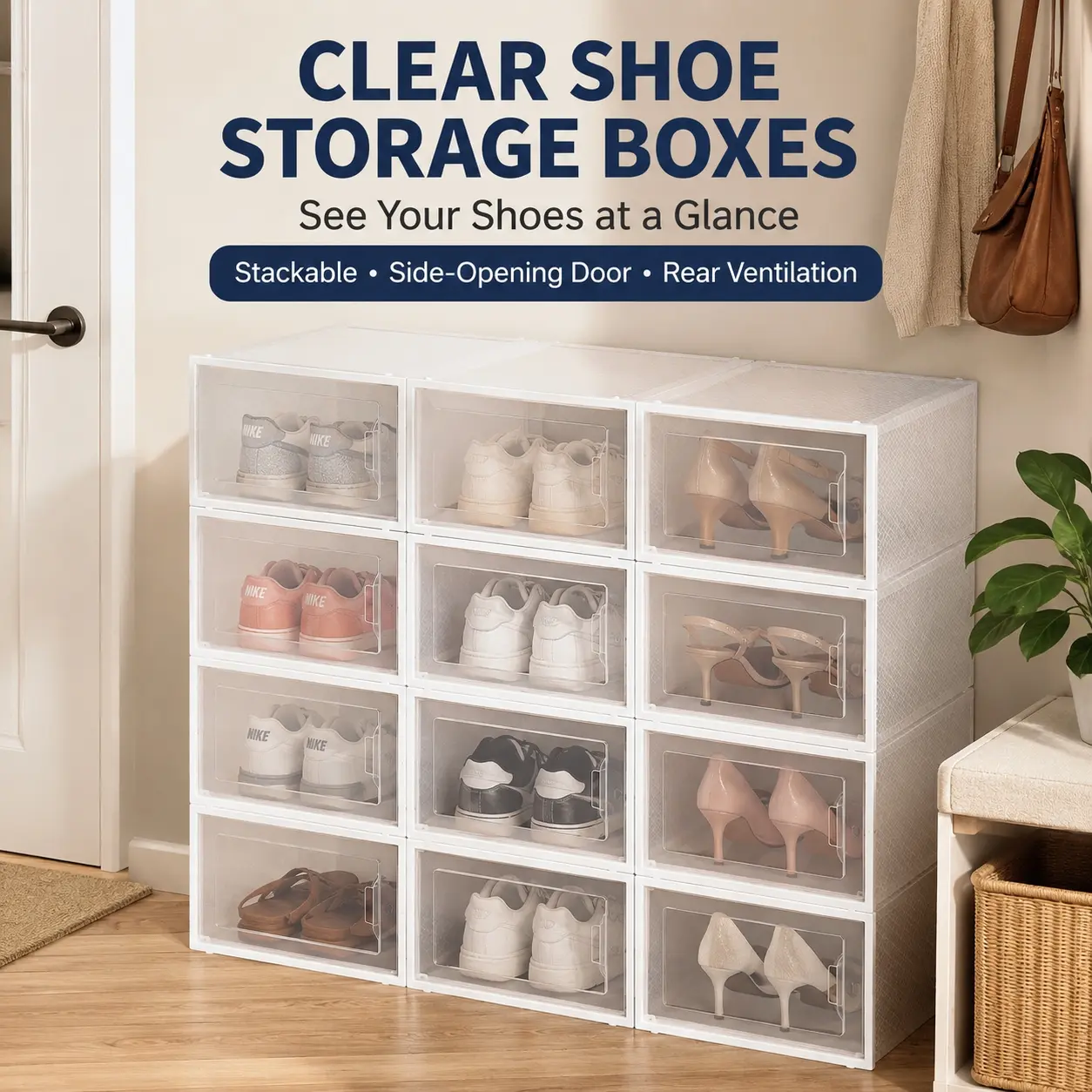 6/12/24 Pcs Thickened Transparent Shoe Boxes with Lids, Foldable and Stackable Shoe Rack, Space-Saving Storage Organizer Box - Freely Combinable, Plastic Sneaker Storage Box - Fits All Shoe Types - Perfect for Entryways, Bedrooms, Homes and Dormitories