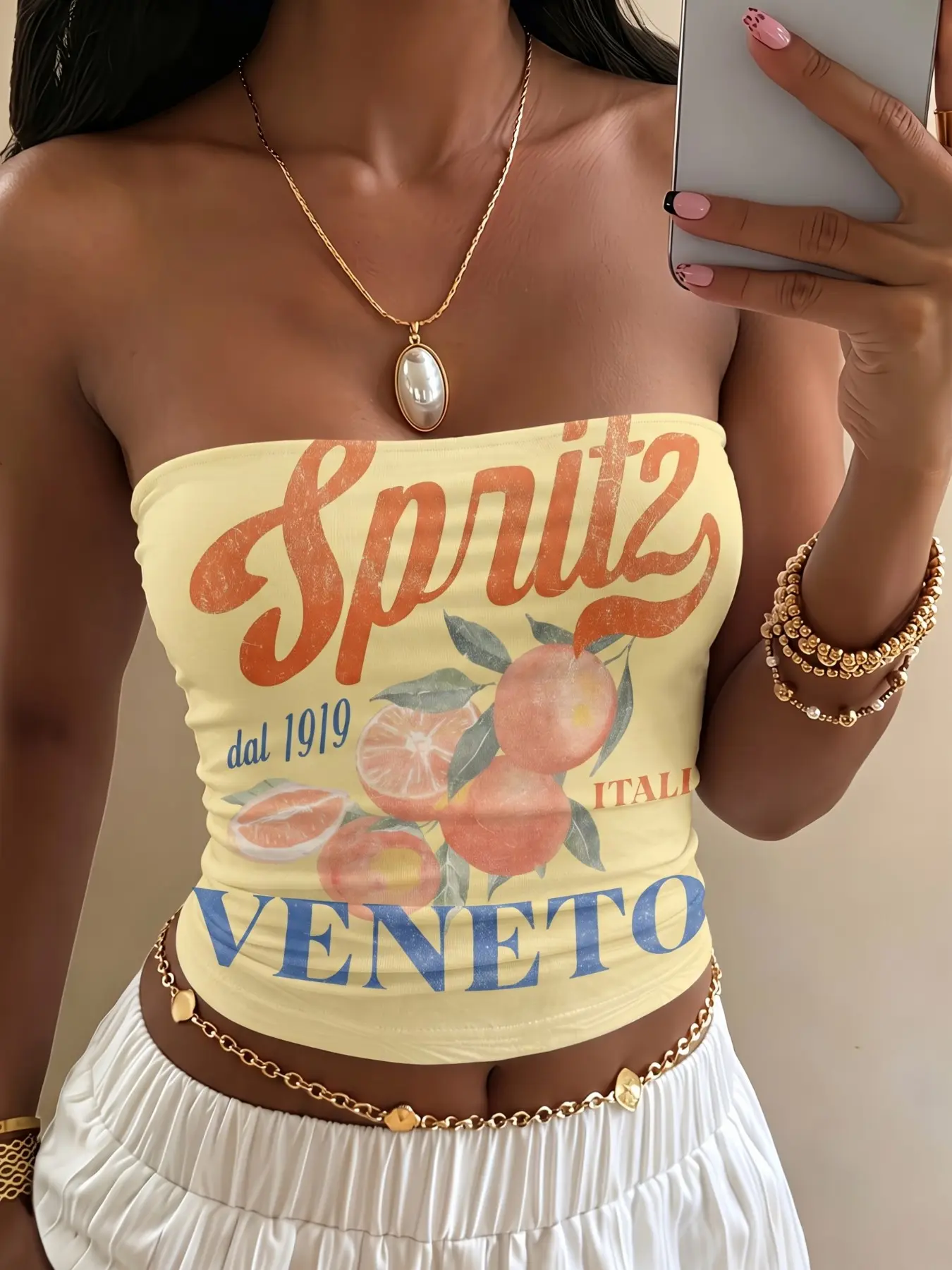 Women vintage citrus fruit print fitted cropped tube top, American vacation hot girl style, slightly stretch skin-friendly knit fabric, ideal for seaside vacation, dating shopping, cafe hopping and short trips