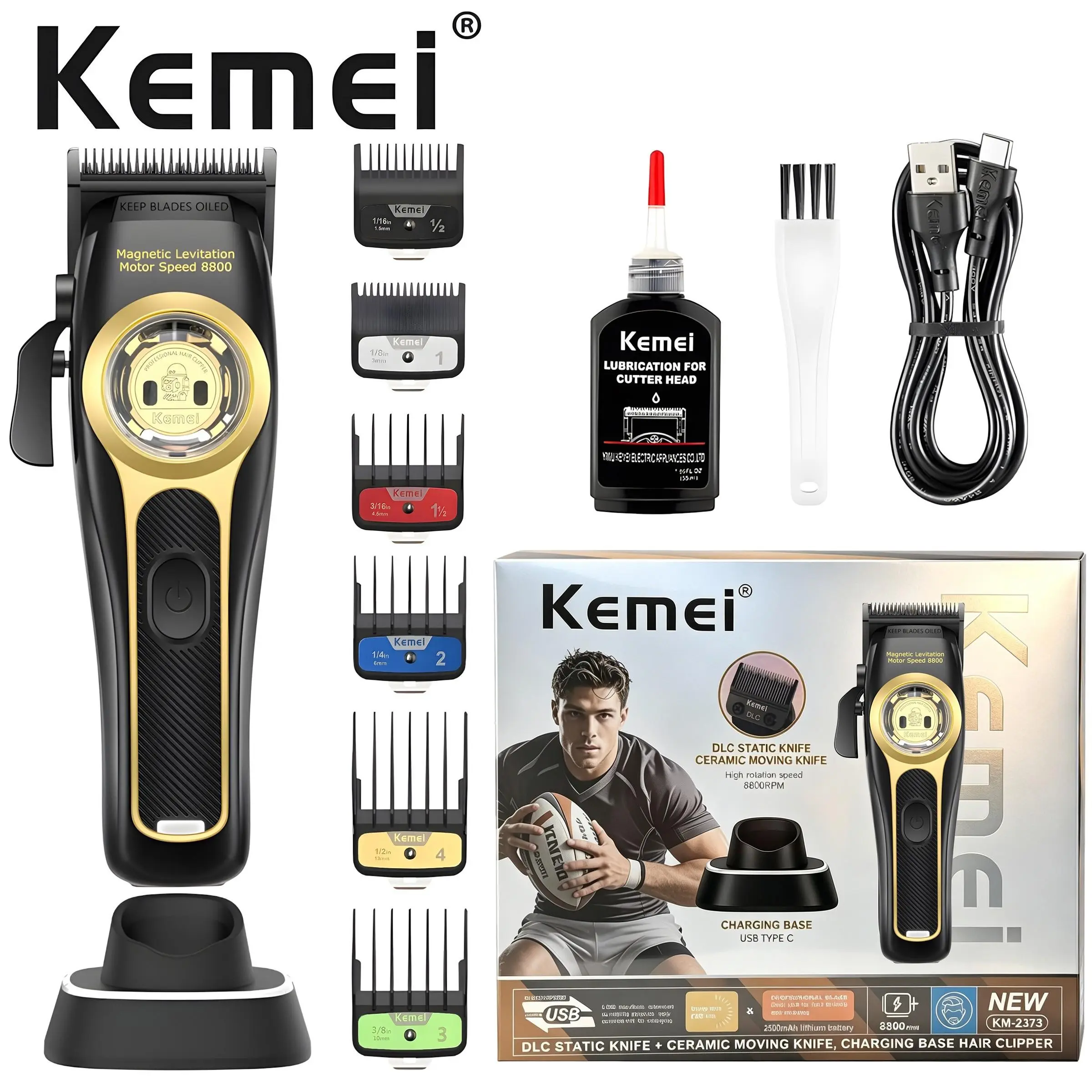 Professional Electric Hair Clipper Kemei Km-2373, USB Rechargeable Cordless Barber Trimmer with Stand, Efficient Floating Motor, Ideal Men's Grooming Gift