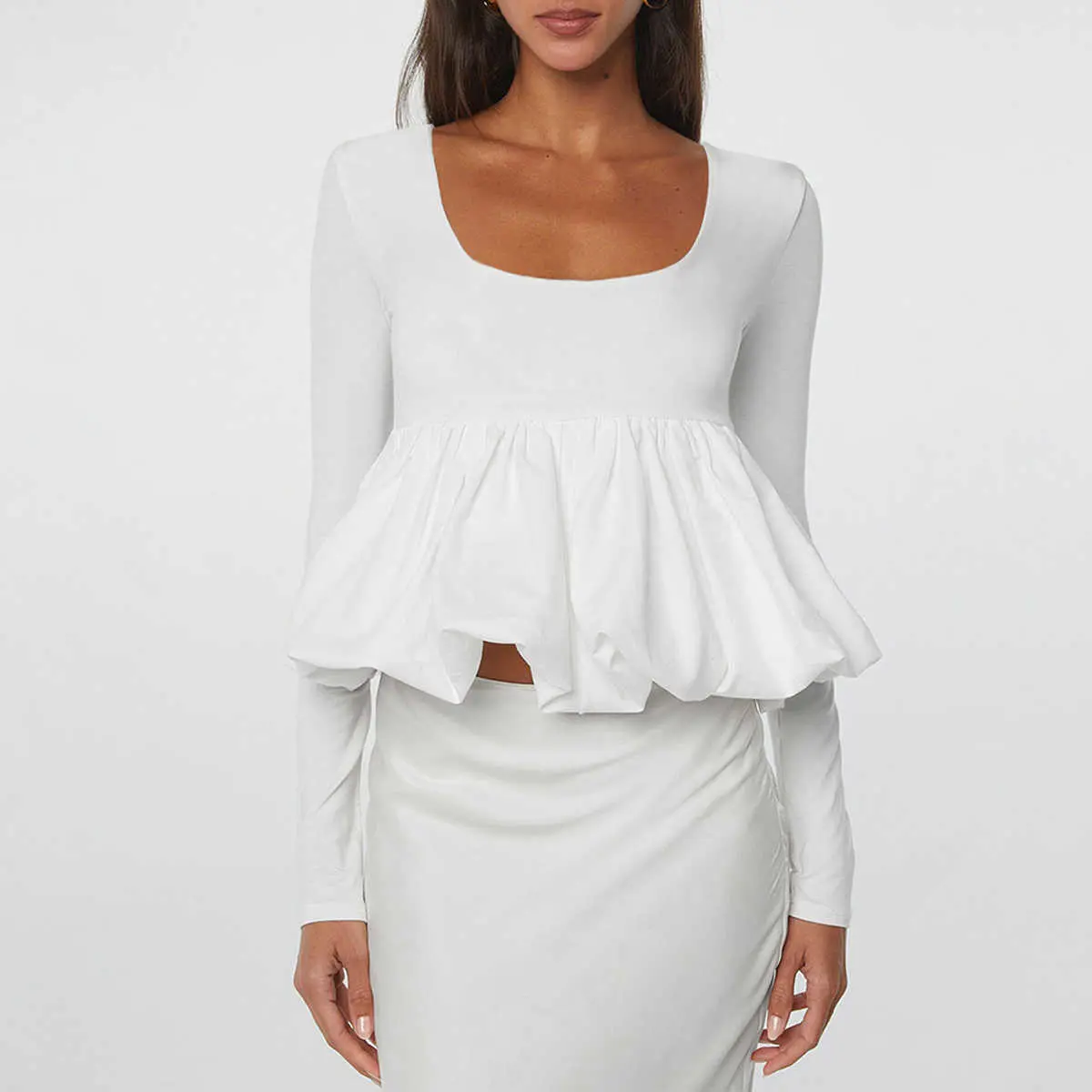 White U Neck Long Sleeve Bubble Hem Top