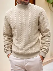 Men's Embossed Cable Knit Mock Neck Pullover, Ribbed Half Turtleneck Long Sleeve Casual Sweatshirt, Breathable Soft Basic Thermal Top for Autumn Winter Streetwear & Layering Outfits