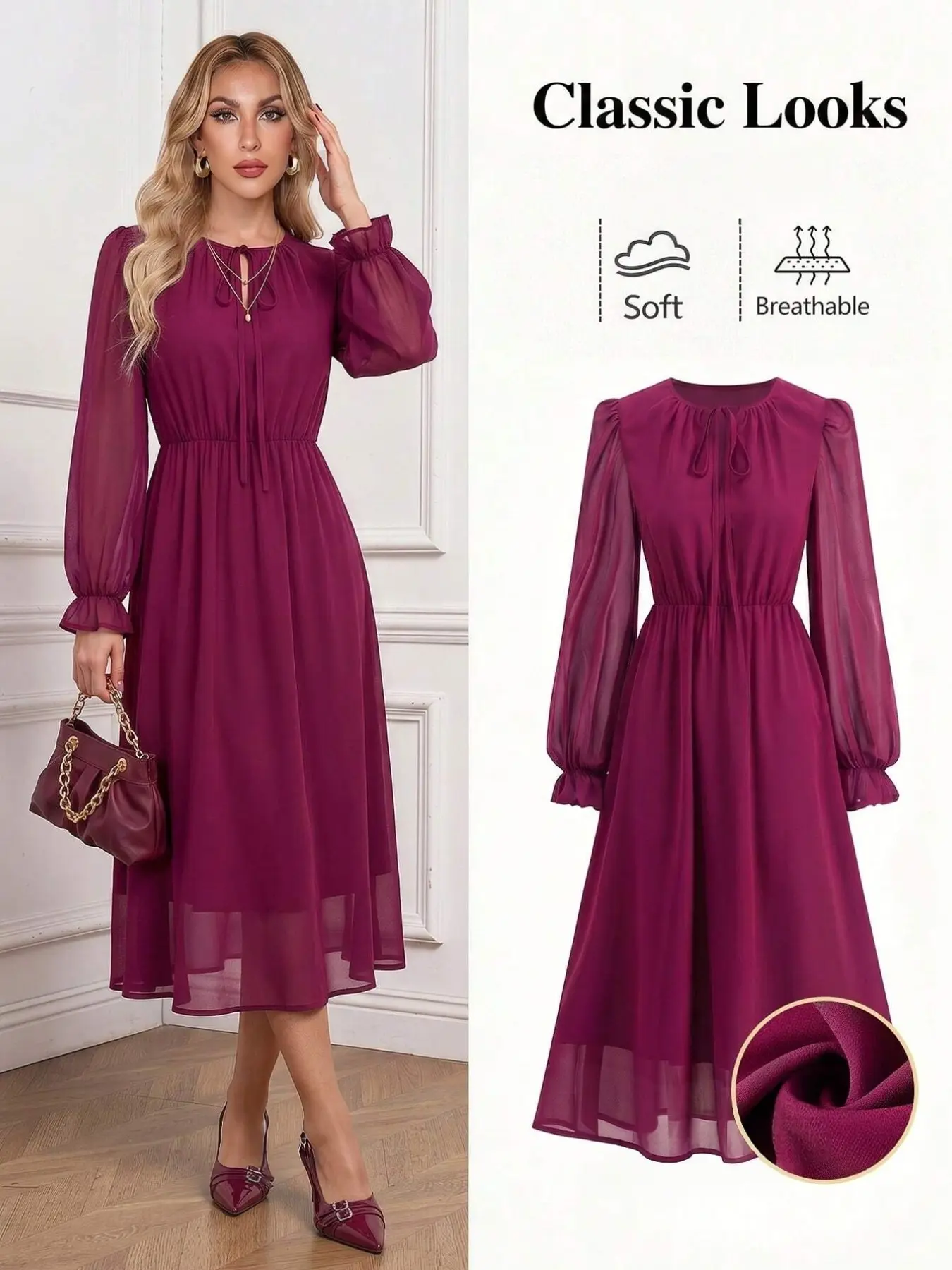 Women's Round Neck Tie-Front Chiffon Midi Dress, Sheer Bubble Long Sleeve Elastic Waist Flowy Solid A-Line Gown, Perfect for Wedding Guests