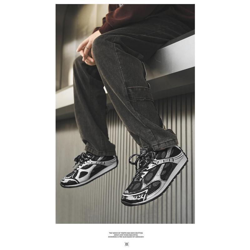 Metallic Mesh Paneled Retro Sneakers, Chunky Gum Sole, Multi Colorway Casual Streetwear Shoes for American Fashion Lovers