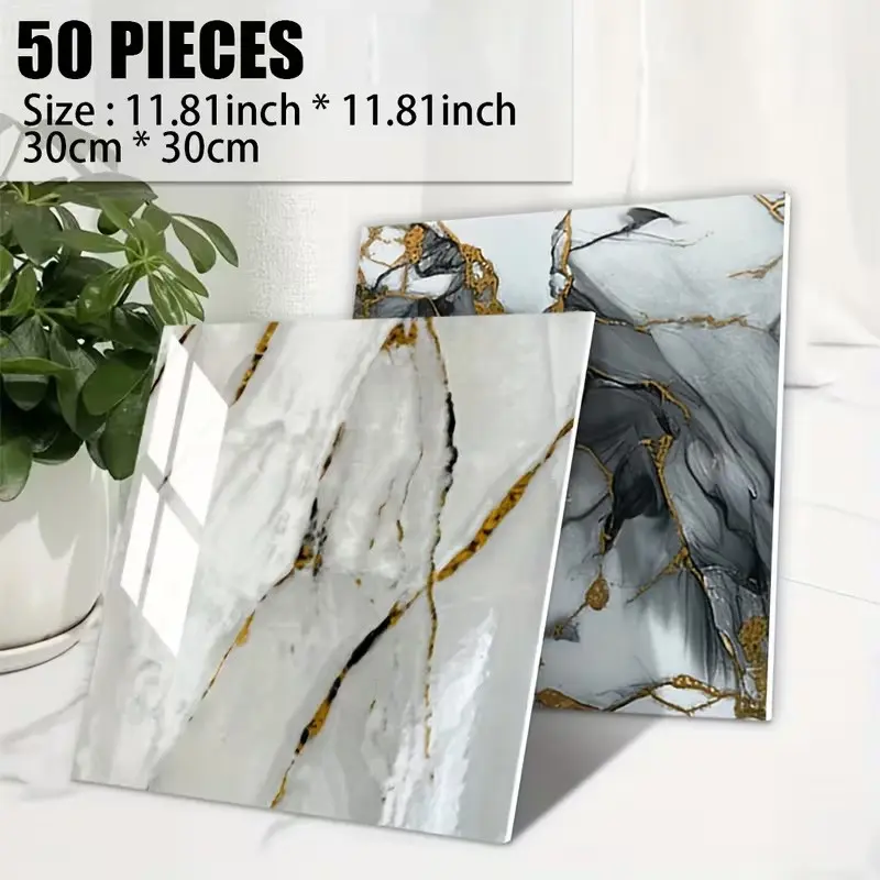 50pcs Waterproof PVC Wallpaper Tiles, Marble Pattern Self-Adhesive Vinyl Interior Wall Panels, Easy Install for Bathroom, Kitchen, Living Room, Peel and Stick Wallpaper Bathroom