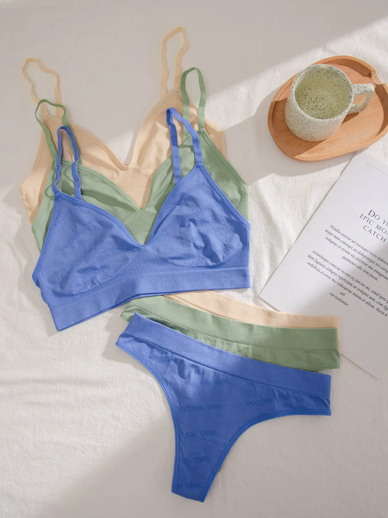 3-Piece Seamless Fashion Lingerie Set, Triangle Bra & Love Letter Pattern Thong, Casual Daily Everyday Wear, Medium Support, Slim-Fitting, All Seasons, Bra Sets, Underwear Sets, Clothing