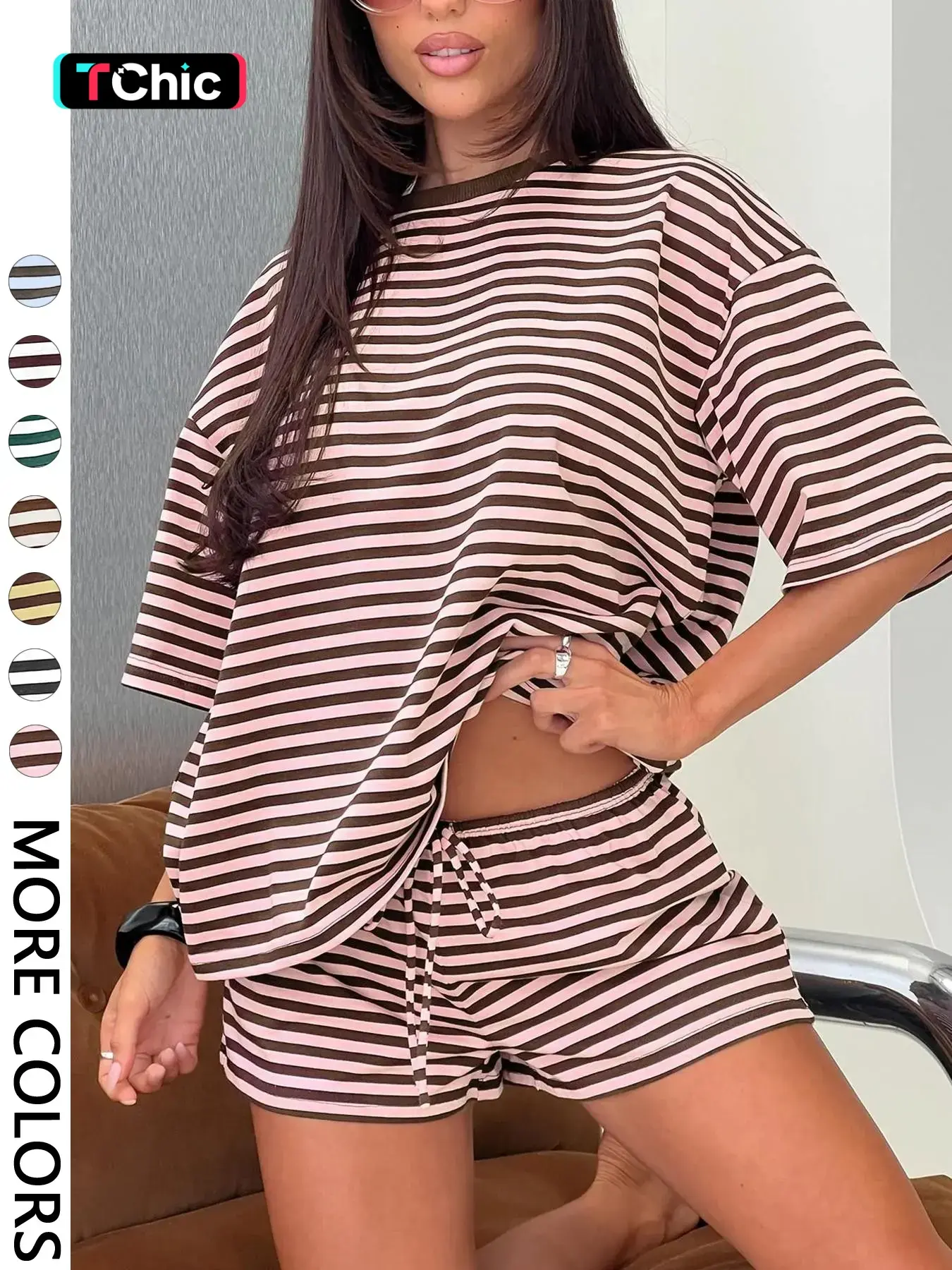 2 Spring Summer Stripe Print 2 Piece Outfit Women Clothes | Oversized T-Shirt + Drawstring Shorts | Soft Casual Knit Lounge Set | Y2K Clean Girl Style for Daily Home Vacation Wear