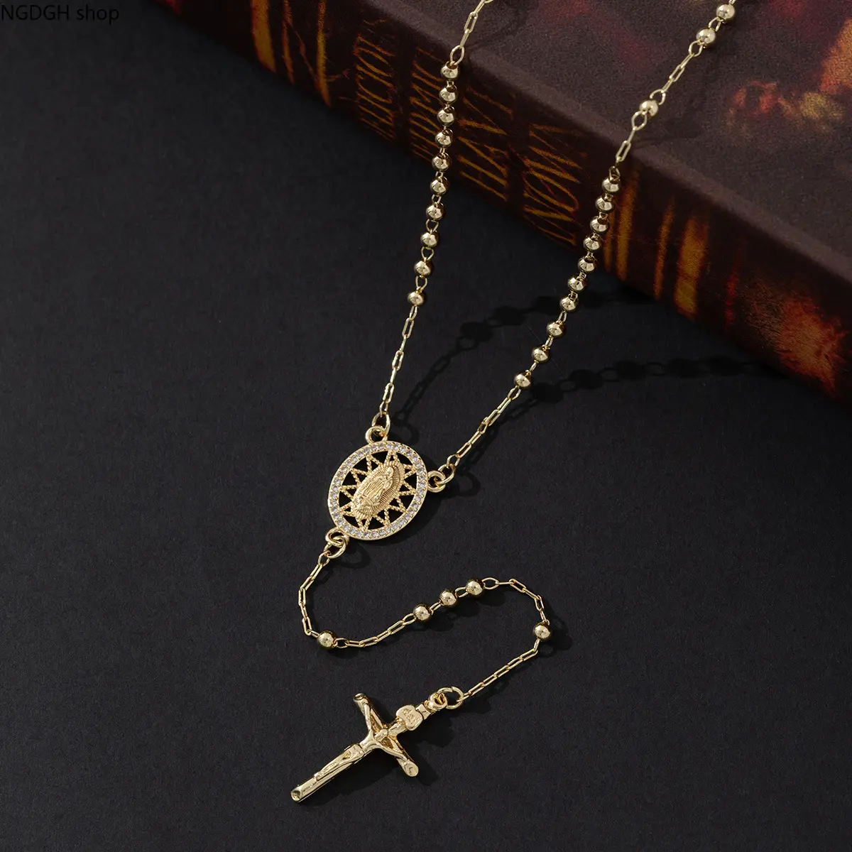 Gold Beaded Rosary Necklace for Women, Elegant Religious Jewelry with a Mary Medal and Cross Pendant, Cross Chain Design for Daily Wear