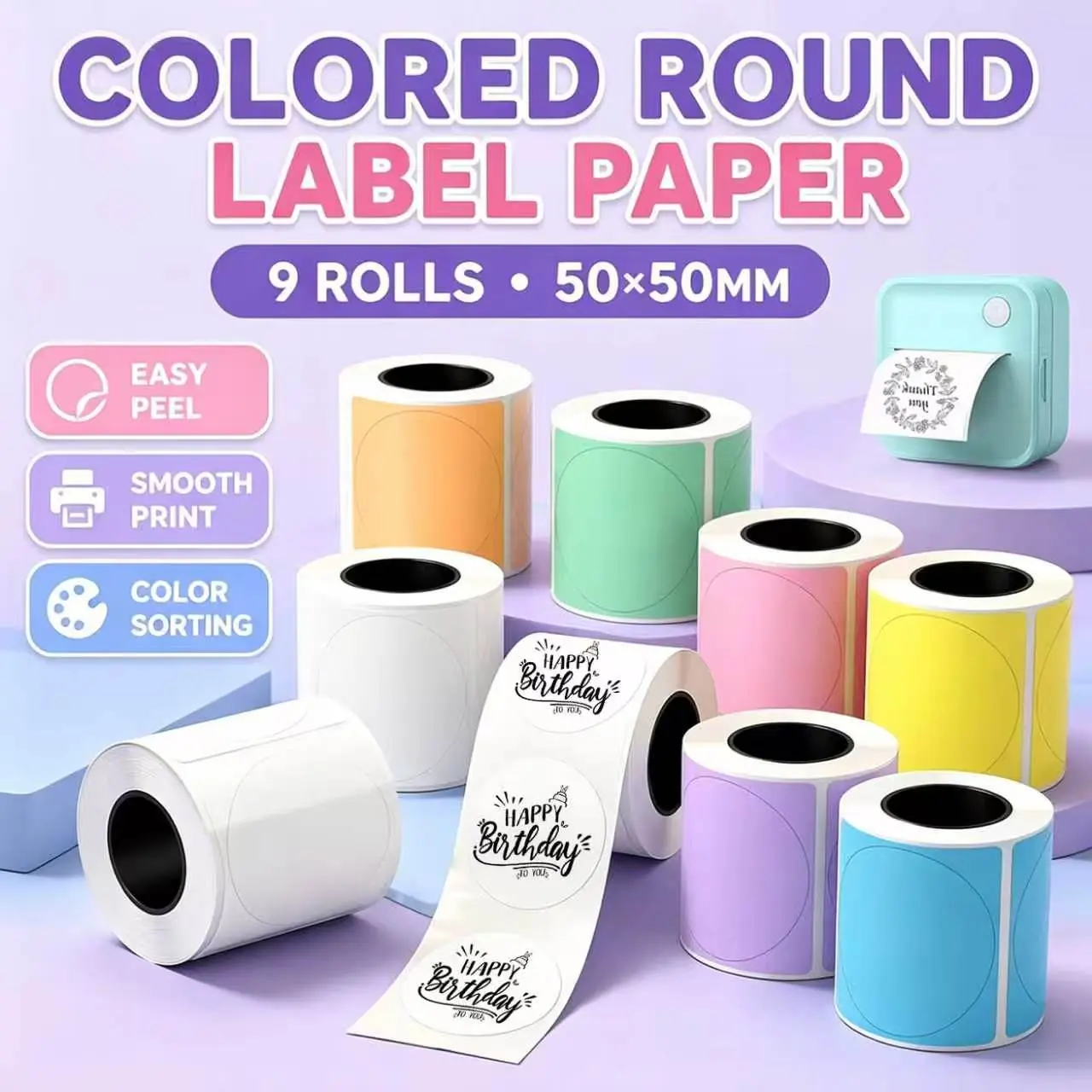 9 Rolls Colored Round Thermal Label Stickers, 50*50mm Self-Adhesive Color Round Thermal Labels, Ideal for Printing in Offices, Schools, Small Businesses, Households and Logo Design