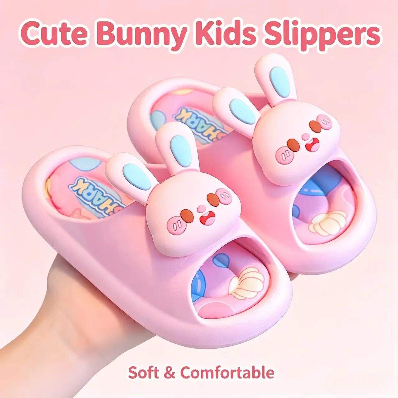Cute Cartoon Rabbit Print Summer Slide Slippers, Fashionable Home Bathroom Shoes for Girls, Comfortable Toddler Footwear, Cute Cartoon Slides