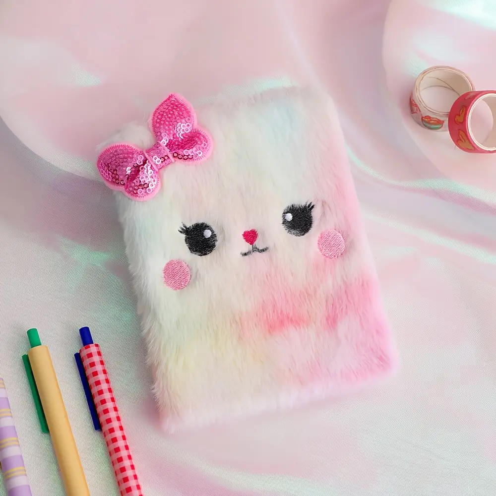 1Pc Tie Dye Cartoon Cat Plush Small Notebook, Journaling Notebooks, Sweet Simple Style, Distinct Unique Color For Each Journal, Perfect For Student Daily Recording, Girls Personal Use And Birthday Gift Giving