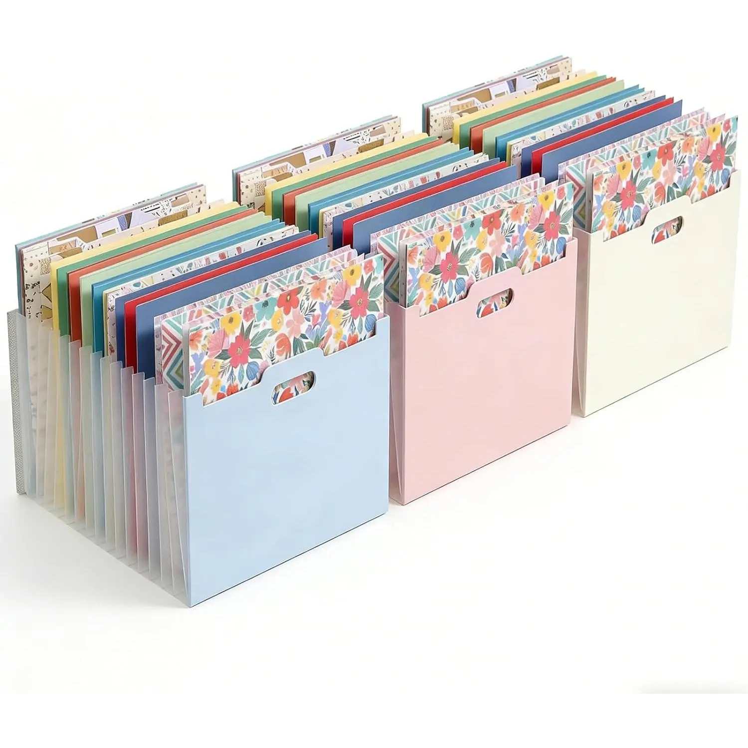 12x12 Scrapbook Paper Storage Organizer with 13 Expandable Pockets, Large Desktop Paper Holder for Craft Room Sticker Organization, 3 Pack (Blue, Cream, Pink)Gift