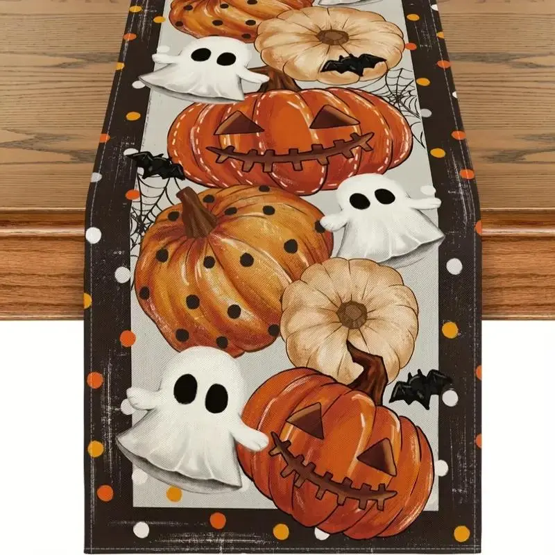 Halloween Round Dot Pumpkin Ghost Tablecloth, 13x48/72/108 Inches, Indoor Kitchen Dining Decoration, Family Party Woven Cover Cloth