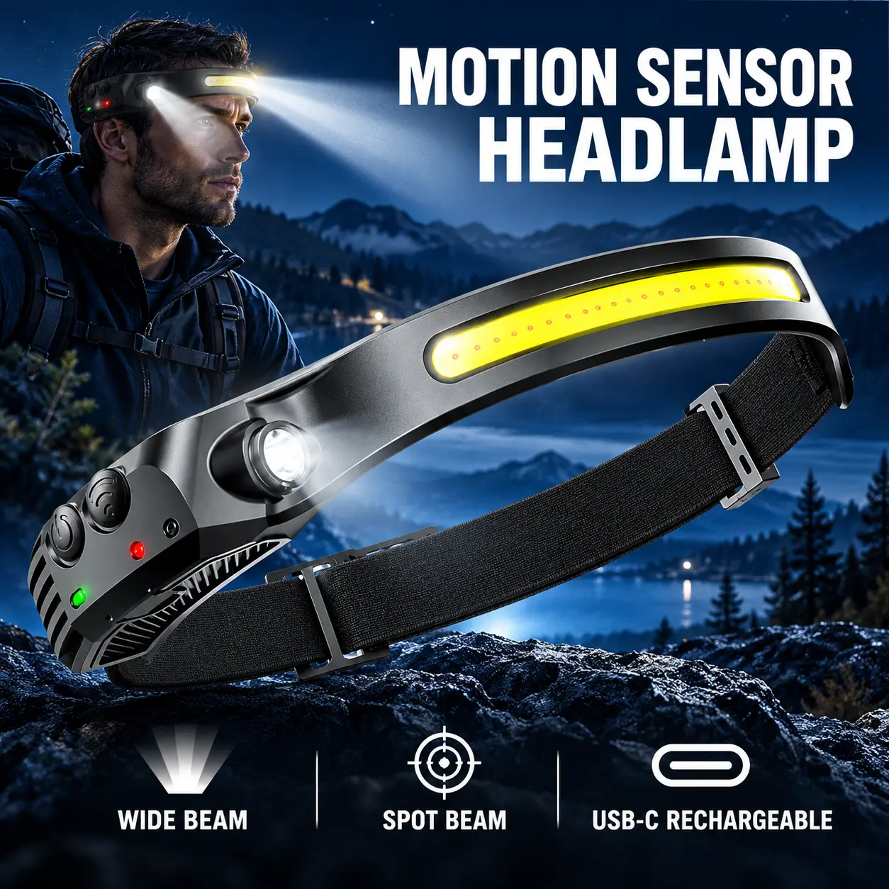 Rechargeable LED Headlamp, Motion Sensor, Adjustable Helmet-Compatible Headband, Waterproof, Portable Rechargeable Emergency Work Light, Great for Camping & Working-YY1