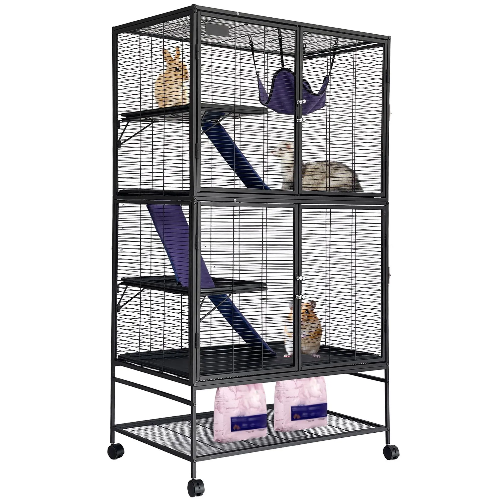 Spacious Multi-Level Metal Small Animal Cage - Secure Guinea Pig House Habitat with Removable Tray, Ramps, Hammock, Storage Shelf, Lockable, Easy-Clean, Portable Enclosure for Ferrets, Rabbits, Indoor/Outdoor